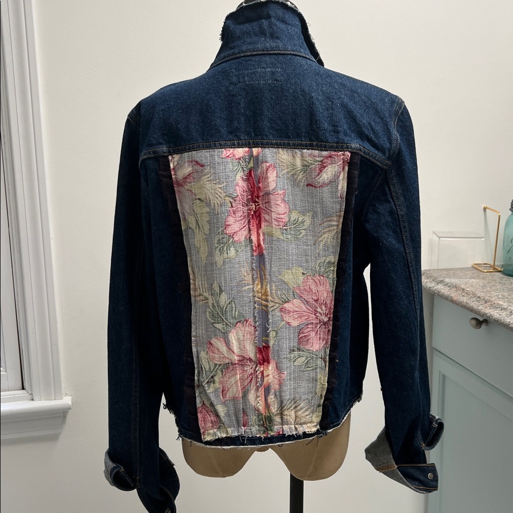 Dark Blue Denim Jacket with Pink Floral Back Panel